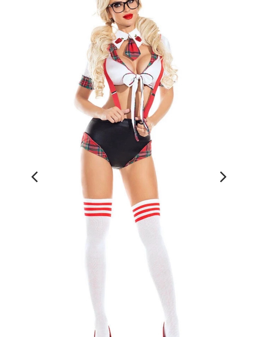 Plaid Accent Schoolgirl Lingerie Set - White & Red